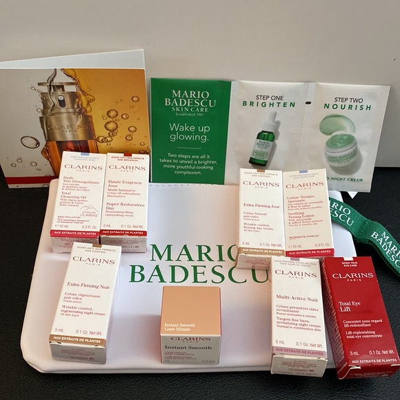 NIB Clarins and Mario Badescu gift set 9 clarins + MB wake up glowing + pouch - Picture 3 of 14